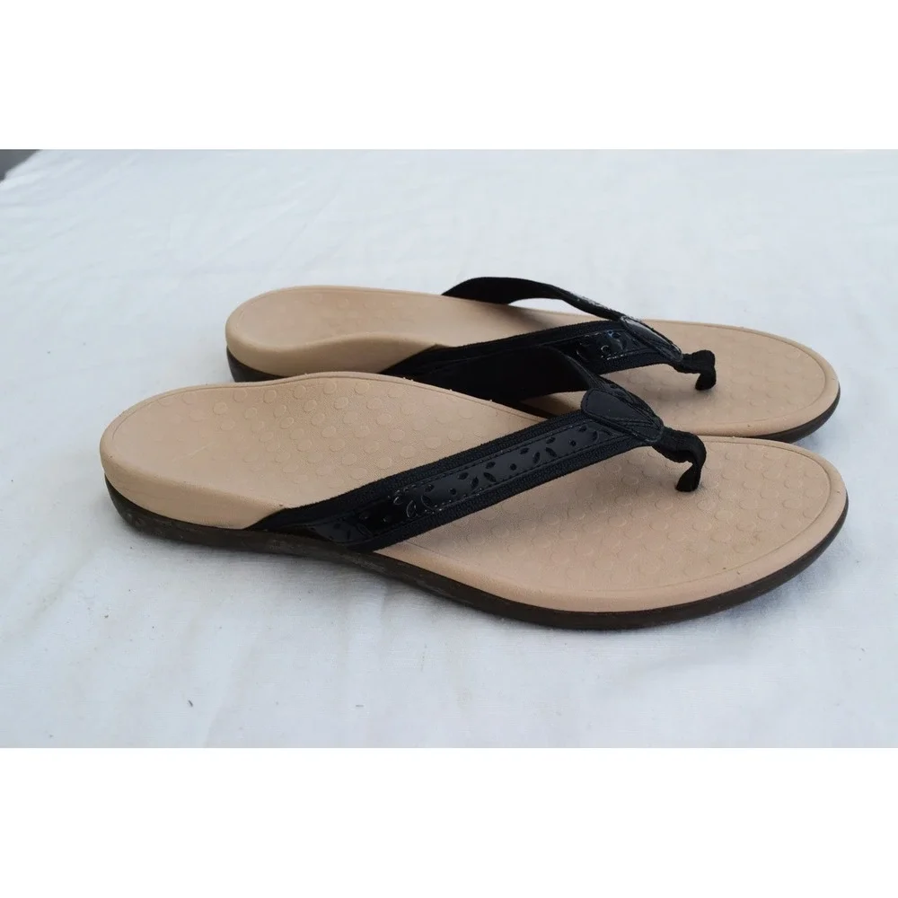 Vionic Casandra Flip Flop 11 Black Patent Leather Orthotic Sandal Womens TVW5542